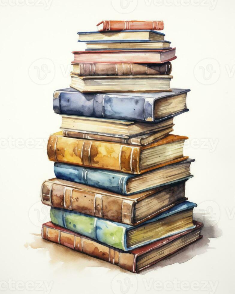 AI generated Watercolor pile of books isolated on white background. AI Generated photo