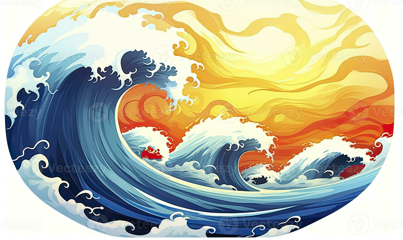 AI generated Ocean wave sun clouds, blue yellow abstract ocean wave. AI Generated. photo