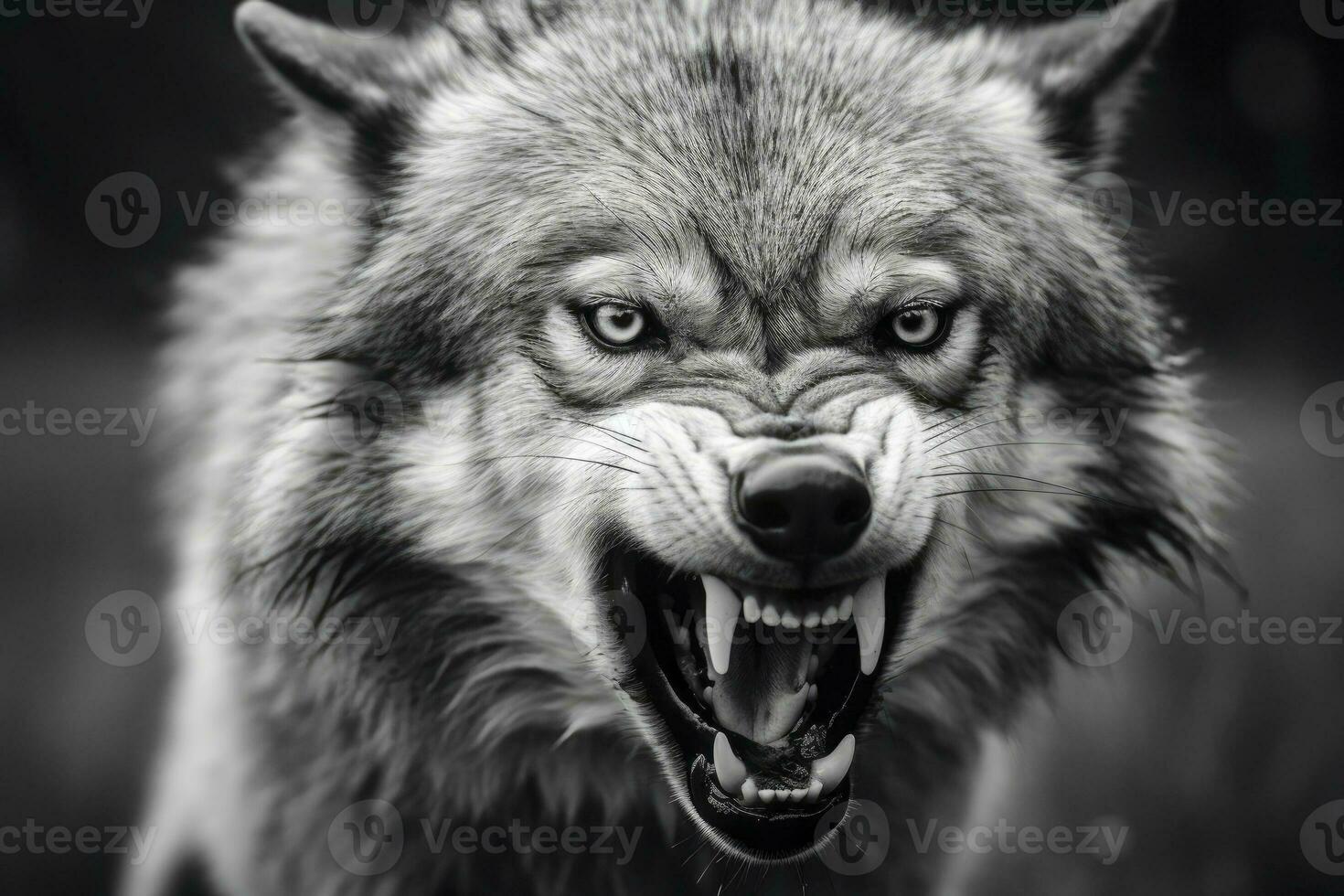 AI generated Greyscale closeup shot of an angry wolf with a blurred background. AI Generated photo