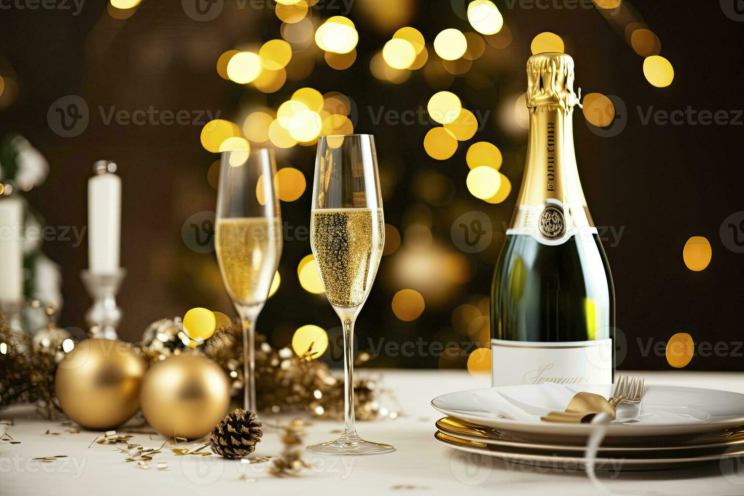 AI generated Christmas table setting with holiday decorations in gold color. AI Generated photo