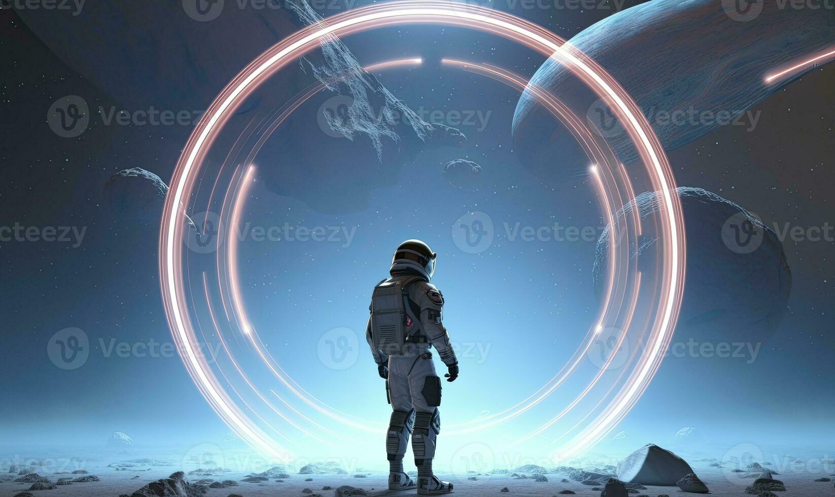 AI generated Astronaut in front of dimensional portal.  AI Generated. photo