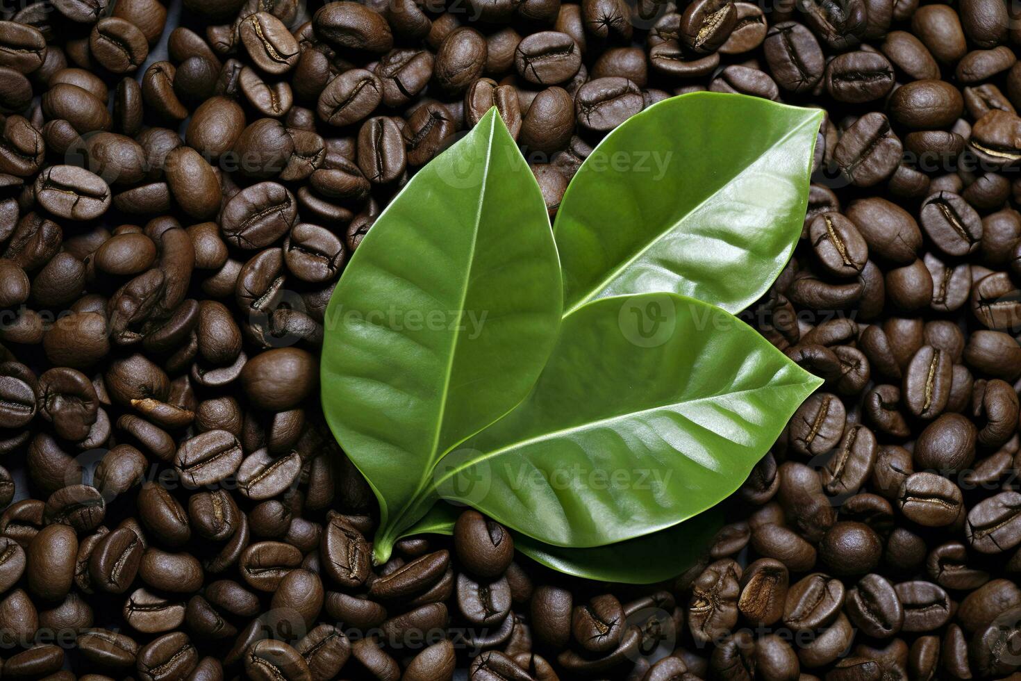 AI generated Green leaves with coffee beans as background. AI Generated photo