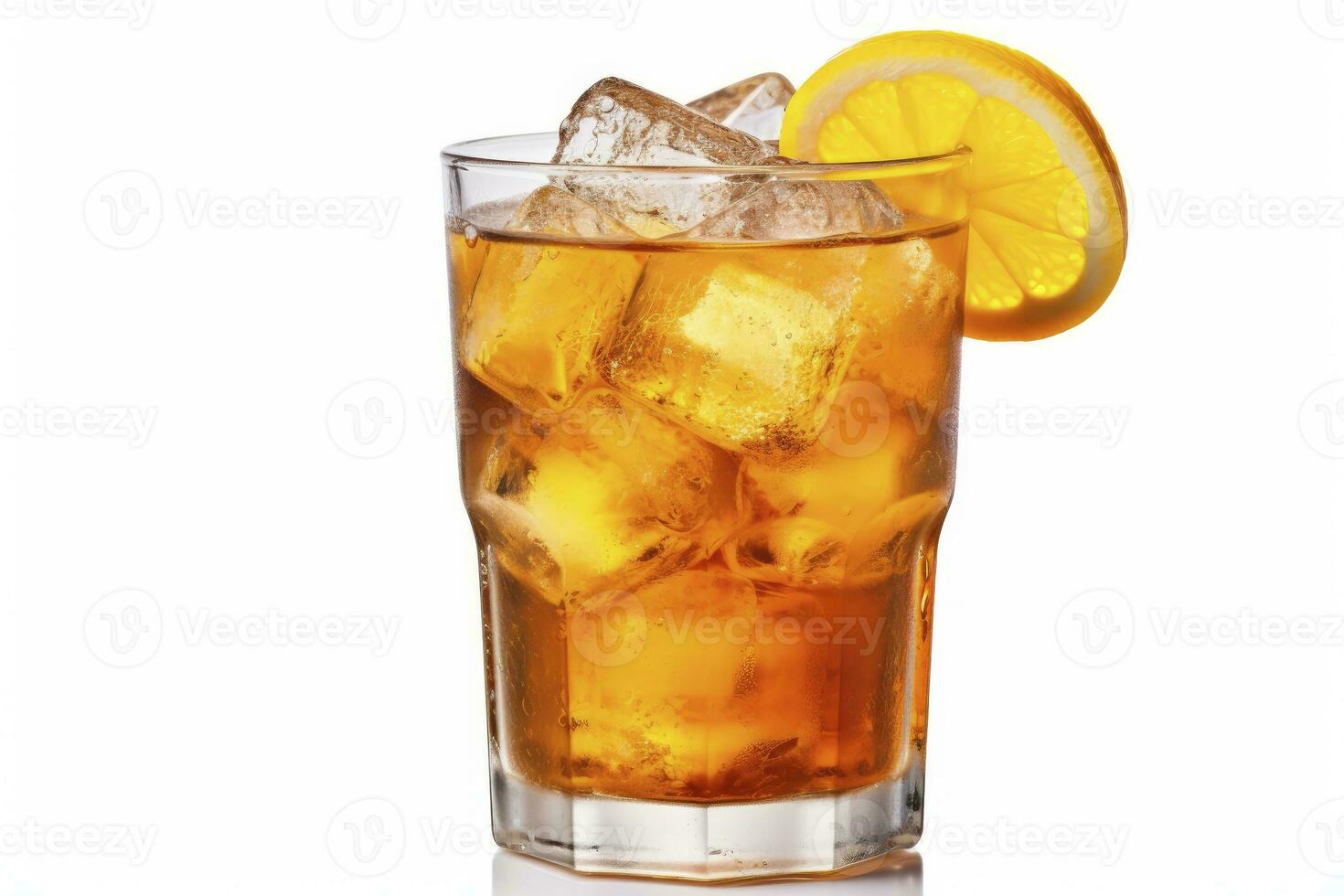 AI generated A glass of orange soda water with ice cubes on white background. AI Generated photo