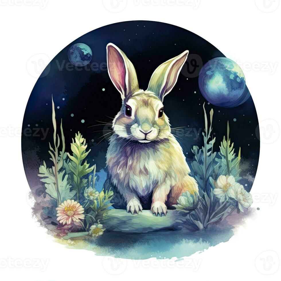 AI generated Watercolor Rabbit and Glowing Moon for T-shirt Design. AI Generated photo