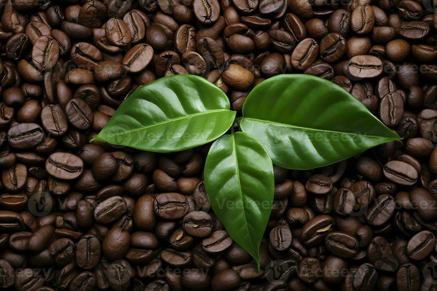AI generated Green leaves with coffee beans as background. AI Generated photo