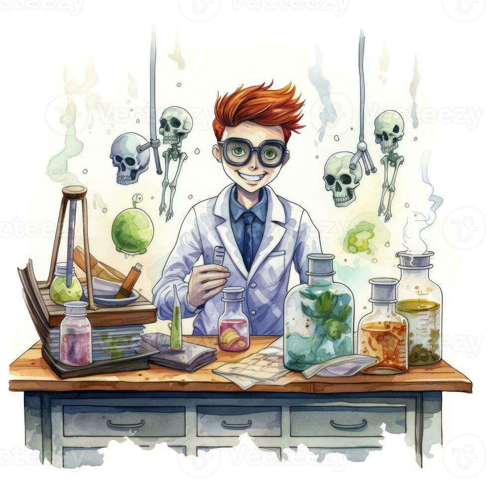 AI generated A student in a science classroom with lab equipment, watercolor. AI Generated photo