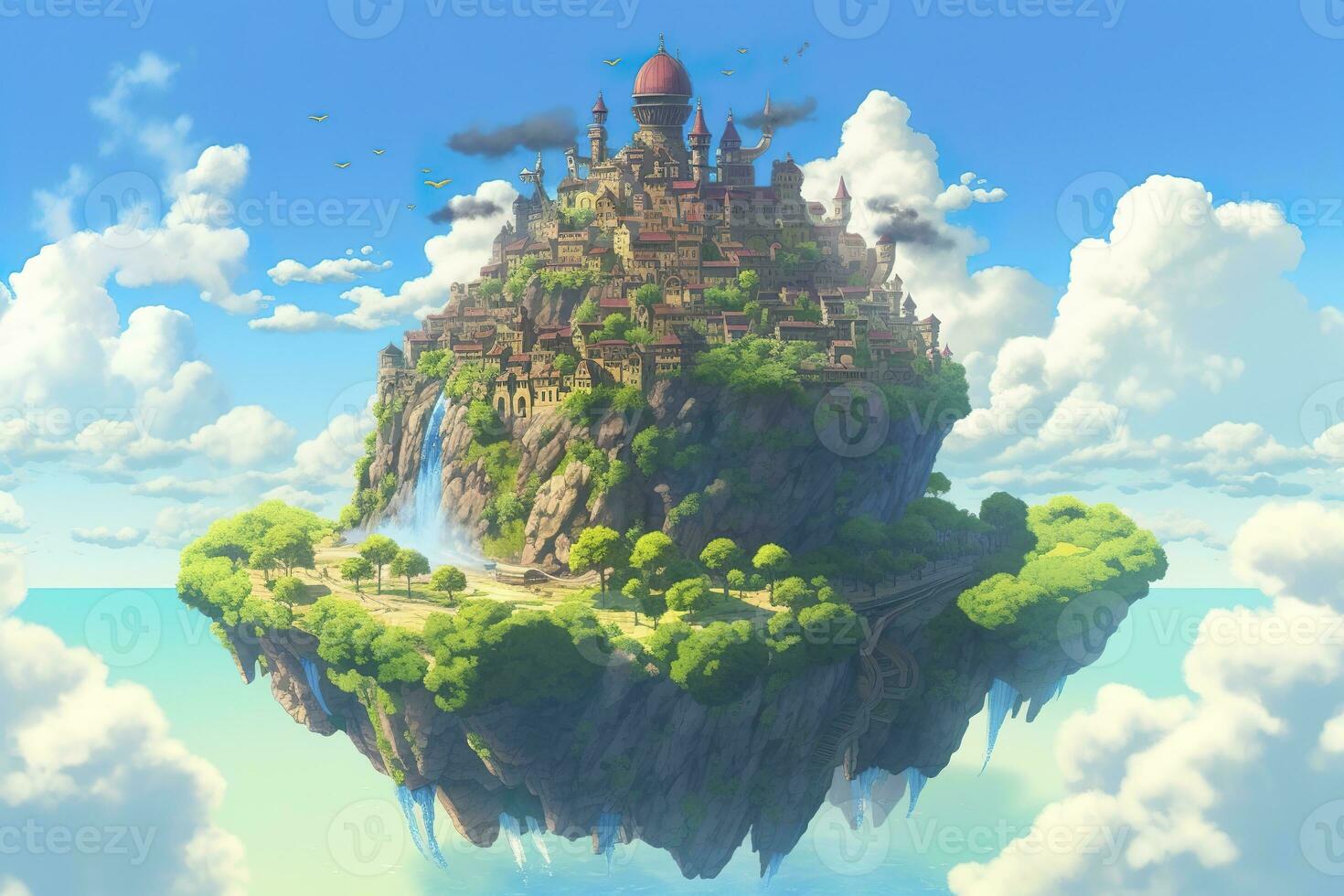 AI generated Ancient Heavenly Floating island in the sky with a castle, vibrant, fantasypunk, AI Generative photo