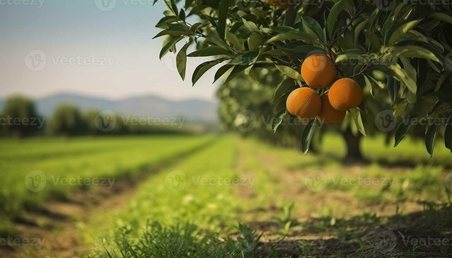 AI generated An orange tree is in the foreground with a farm field background. Generative AI photo