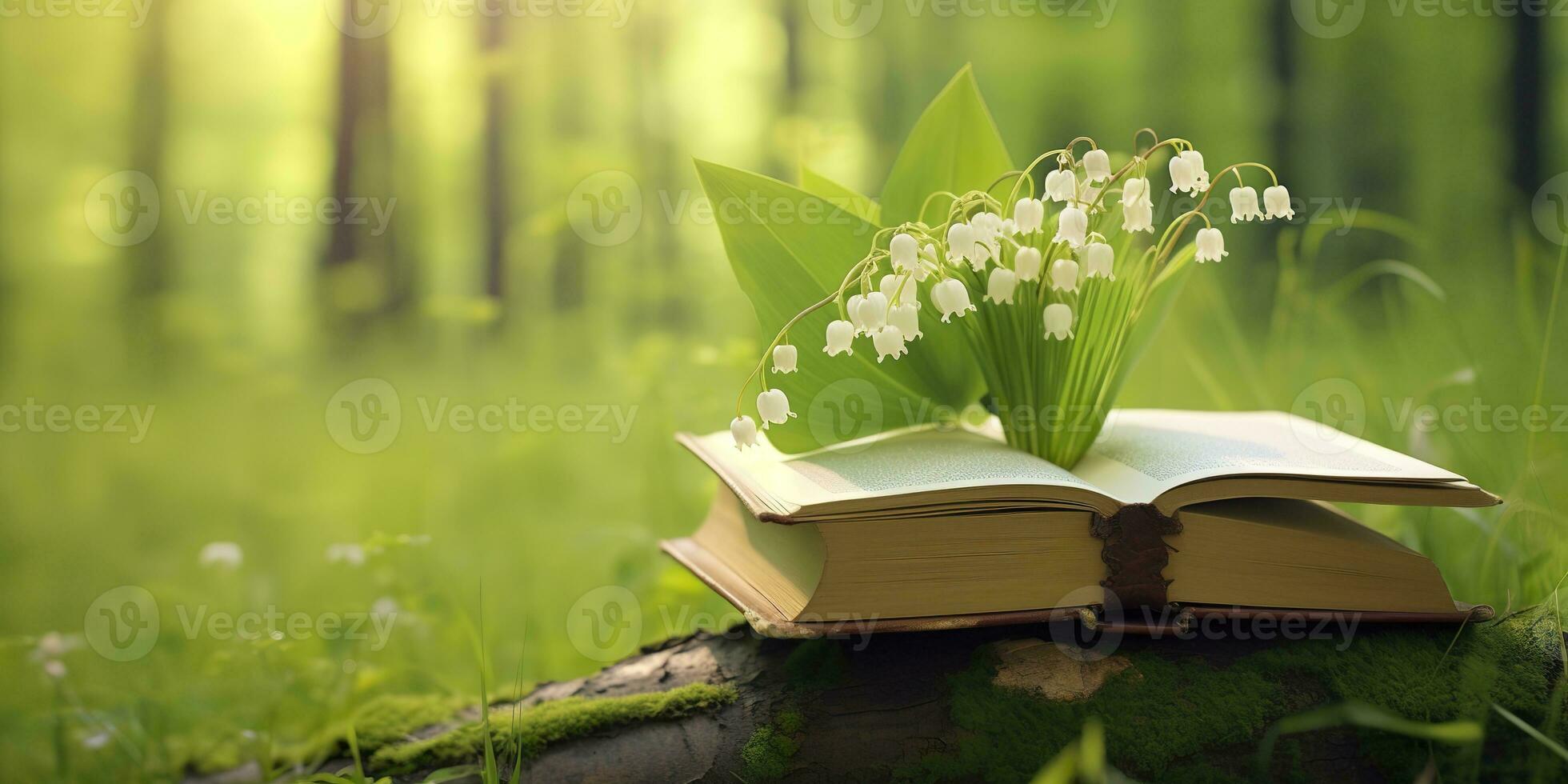 AI generated Lily of the Valley flowers and old books in the forest, green natural background. AI Generated photo