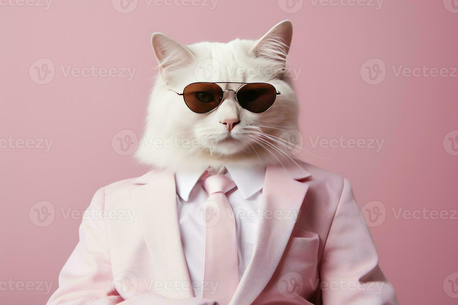 AI generated A cat is wearing sunglasses and suit on Pink Background. AI Generated photo