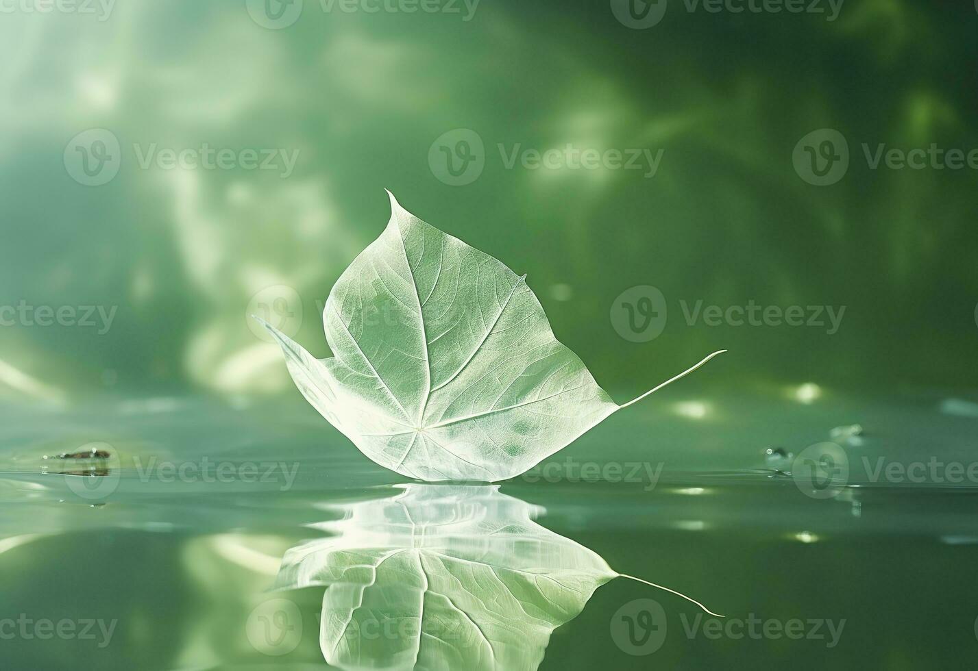 AI generated White transparent leaf on mirror surface with reflection on green background macro. Generative AI photo