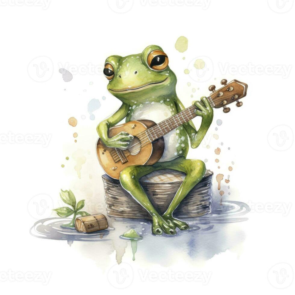 AI generated Watercolor green frog playing a tiny musical instrument on white background. AI Generated photo