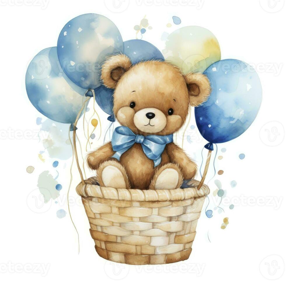 AI generated A watercolor baby teddy bear is sitting in the basket with blue and gold balloons. AI Generated photo