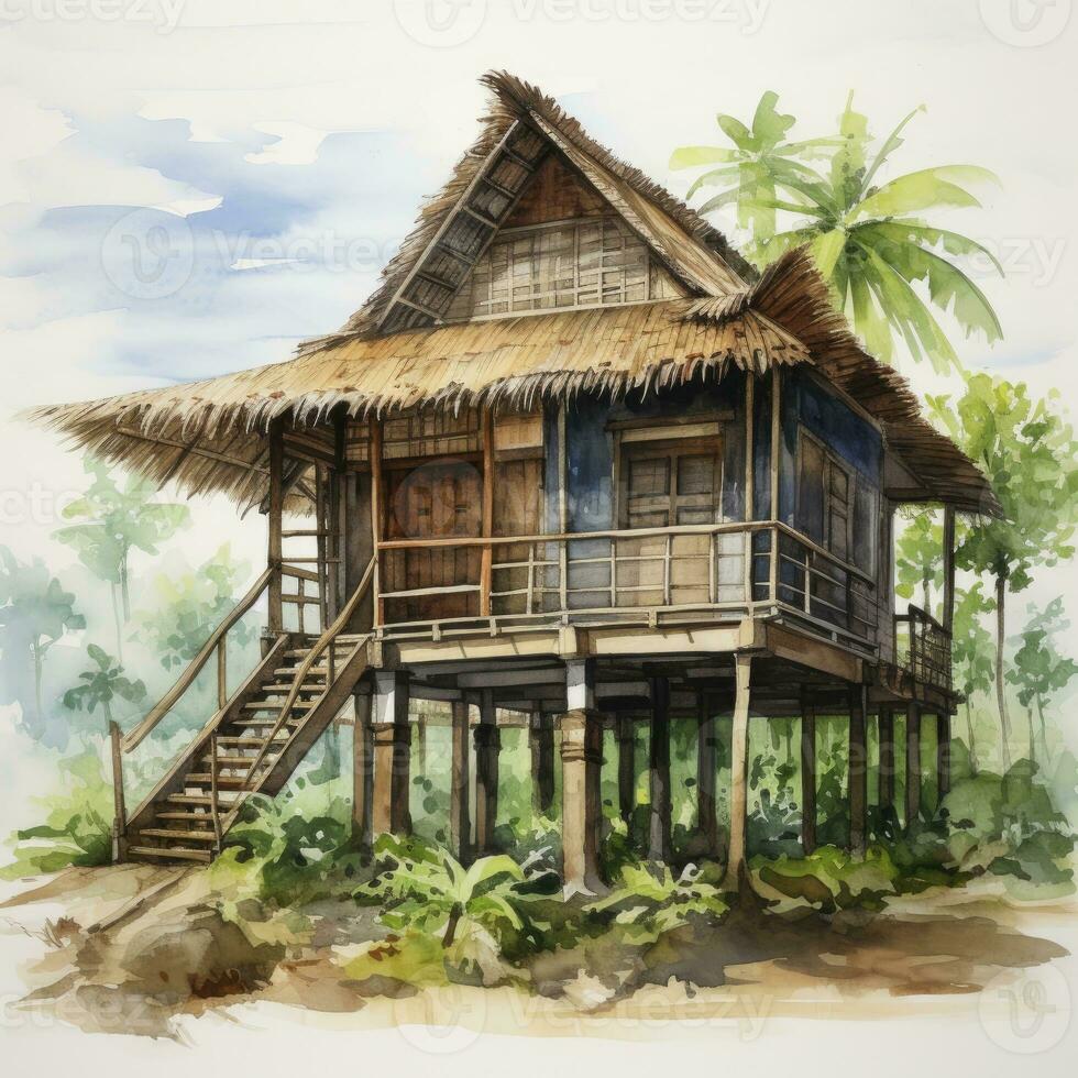 AI generated A watercolored bright serene image of a traditional bahay kubo. AI Generated photo