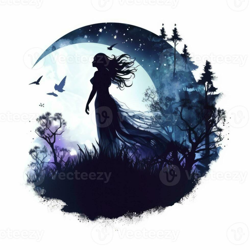 AI generated Forest moon silhouette with fairy shining in the night sky on a white background. AI Generated photo