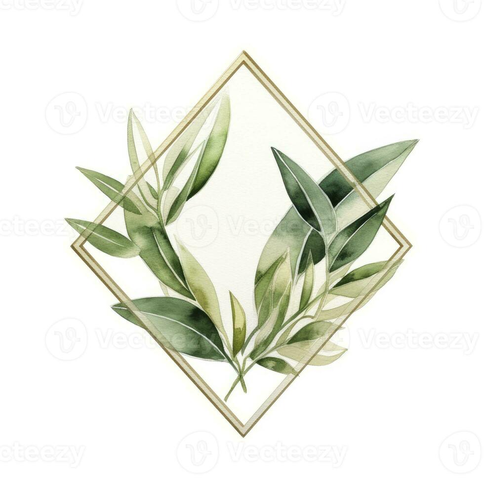 AI generated Watercolor geometry shape wreath with green leaf. AI Generated photo