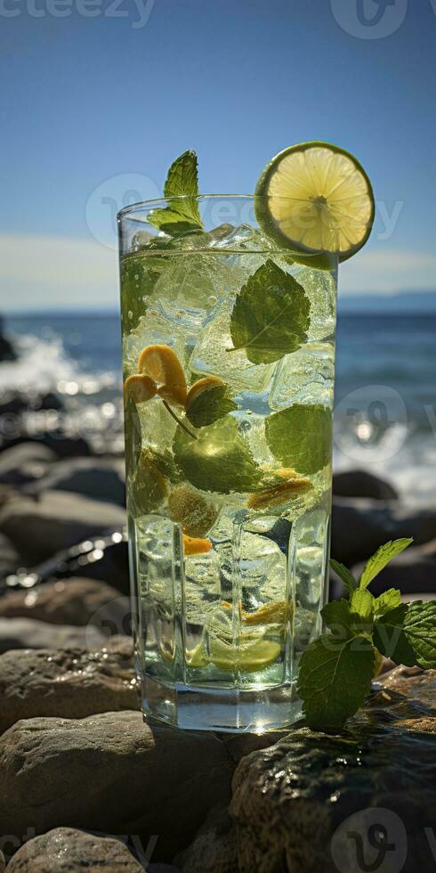 AI generated Stunning photo of cocktail mojito, a sunny summer beach in the background. Generative AI