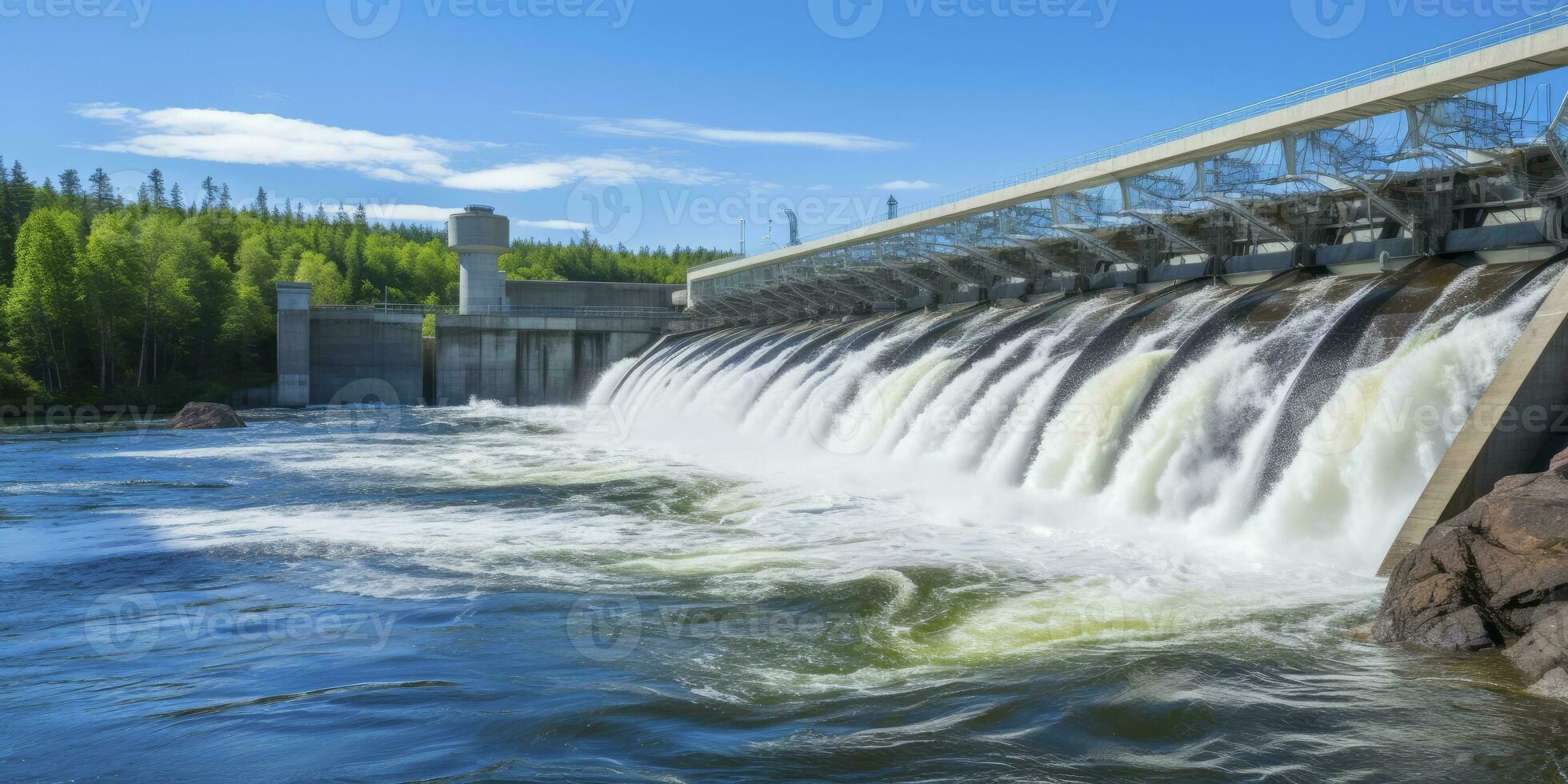 ai generado hidroeléctrico represa generando verde energía desde fluido agua. ai generado. foto