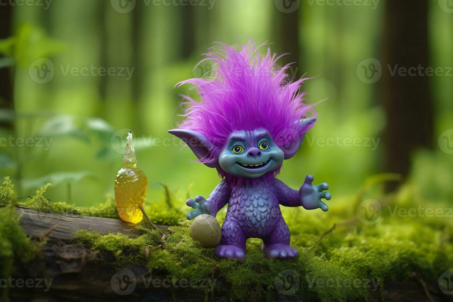 AI generated Tale troll with crystals in the forest, natural green background. Generative AI photo