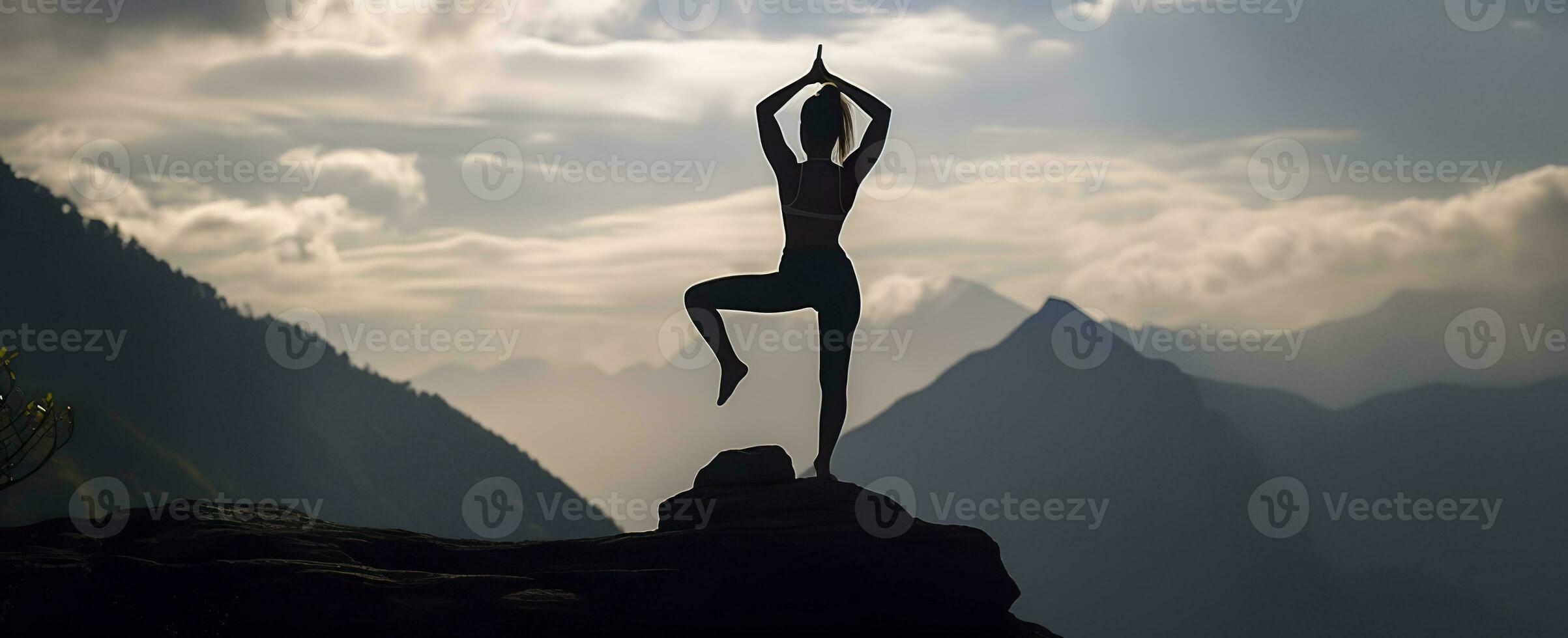 AI generated silhouette of a woman practicing yoga in the summit with mountain Background. AI Generated photo