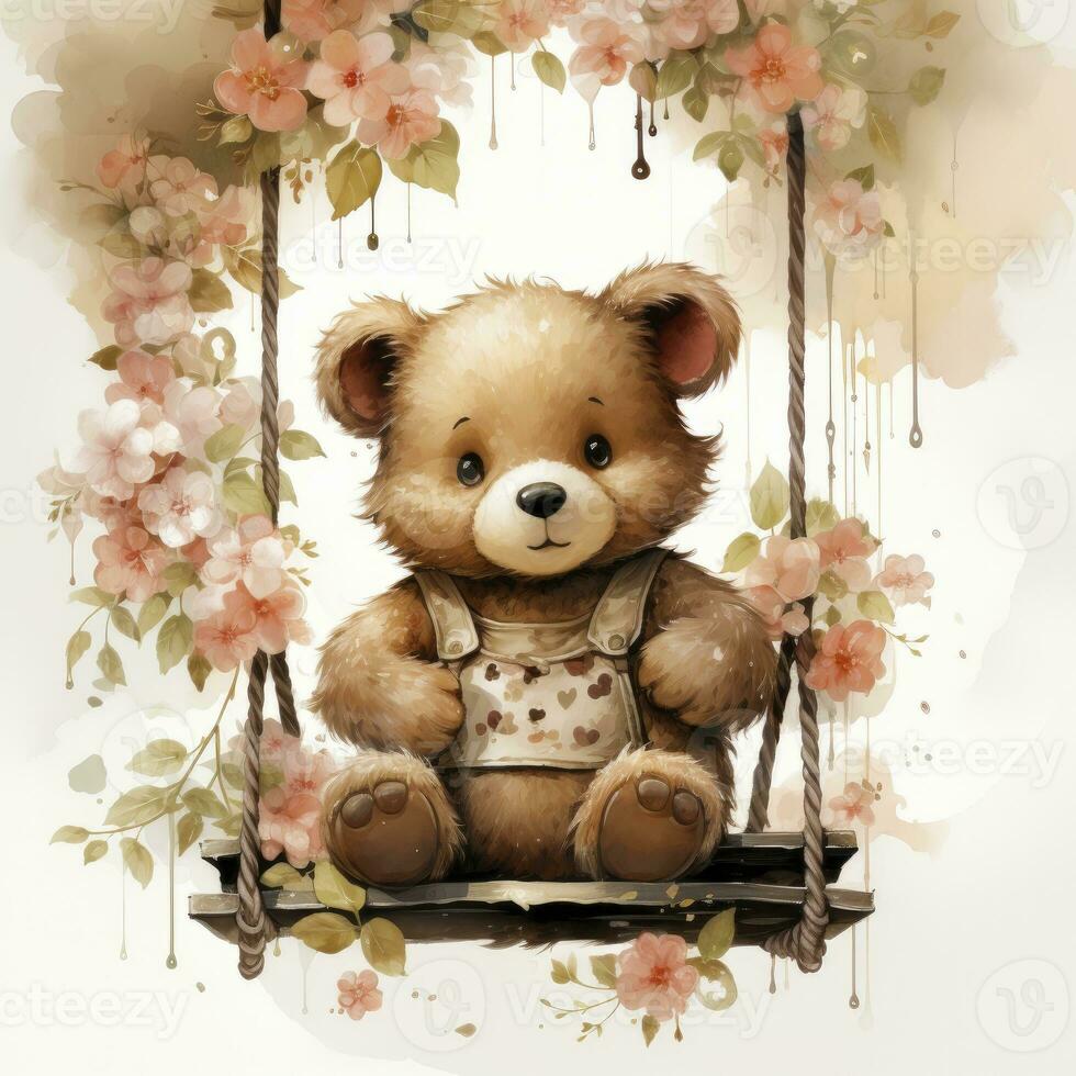 AI generated A cute happy teddy bear swings on a tree on a white background. AI Generated photo