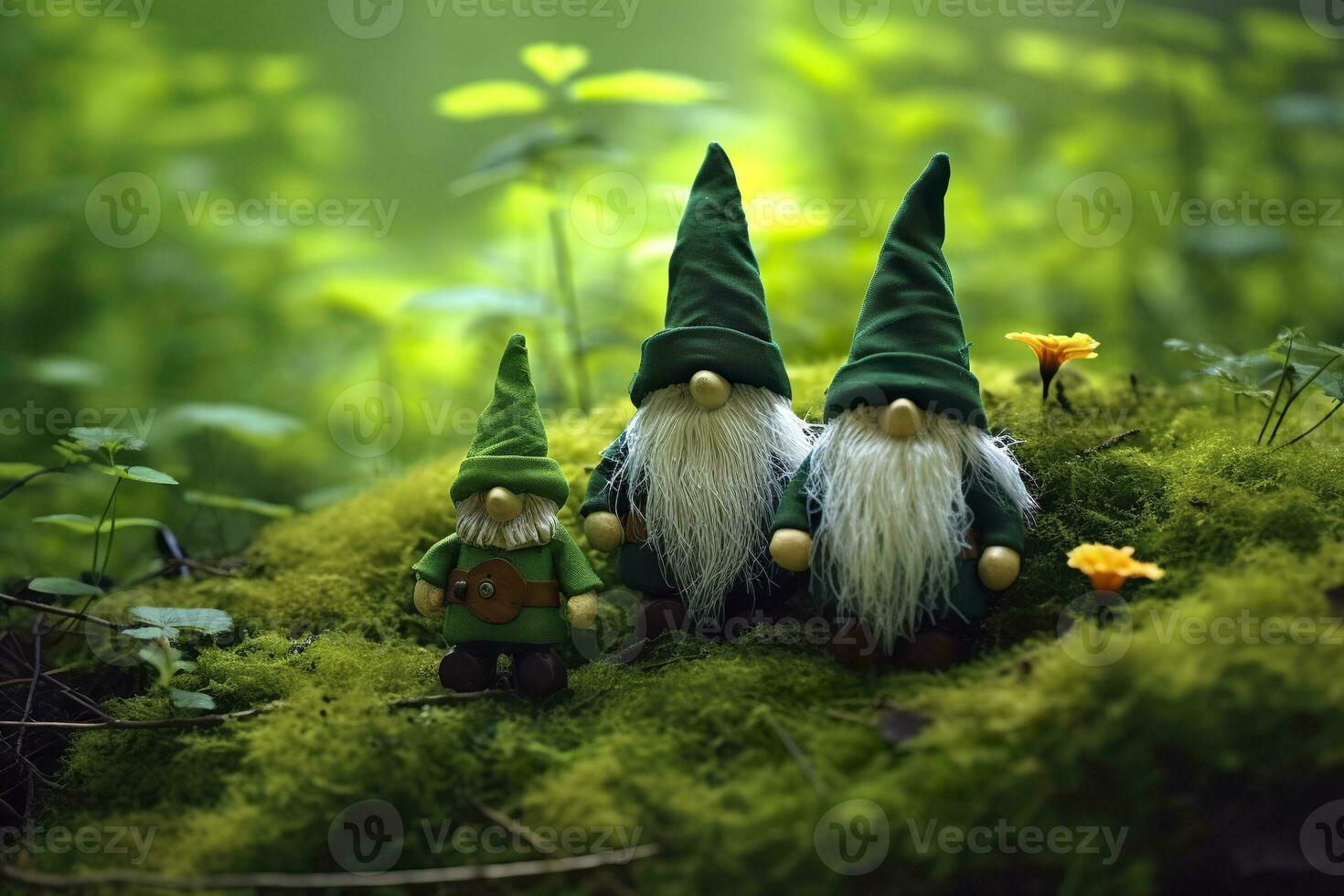 AI generated Toy Irish gnomes in a mystery forest, abstract green natural background. Generative AI photo