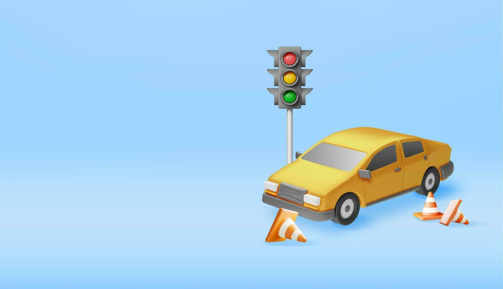 3D Sedan Car with Traffic Cones and Traffic Lights vector