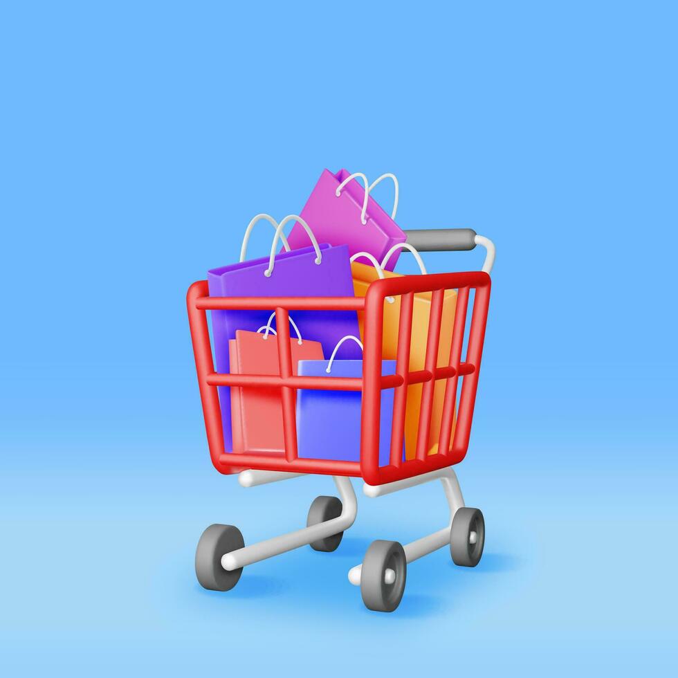 3D Shopping or Gift Bag in Shopping Cart vector
