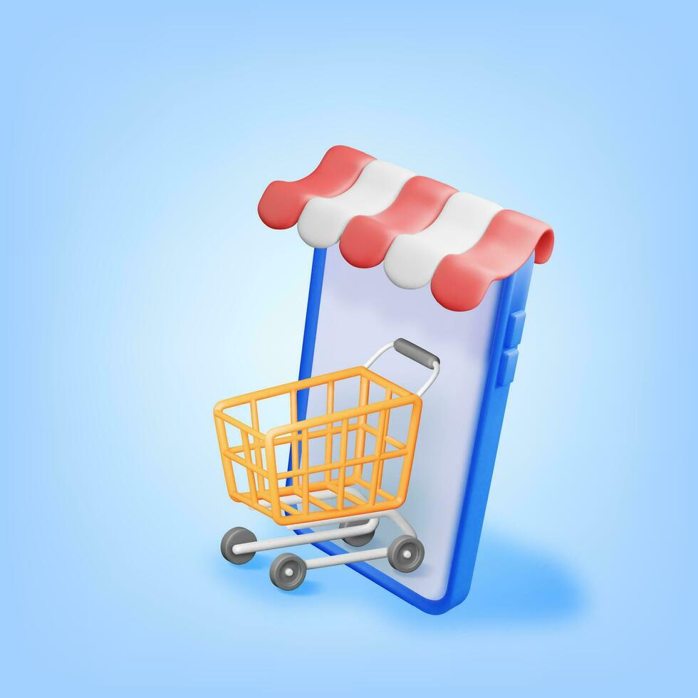 3D Striped Awning, Shopping Cart and Smartphone. vector