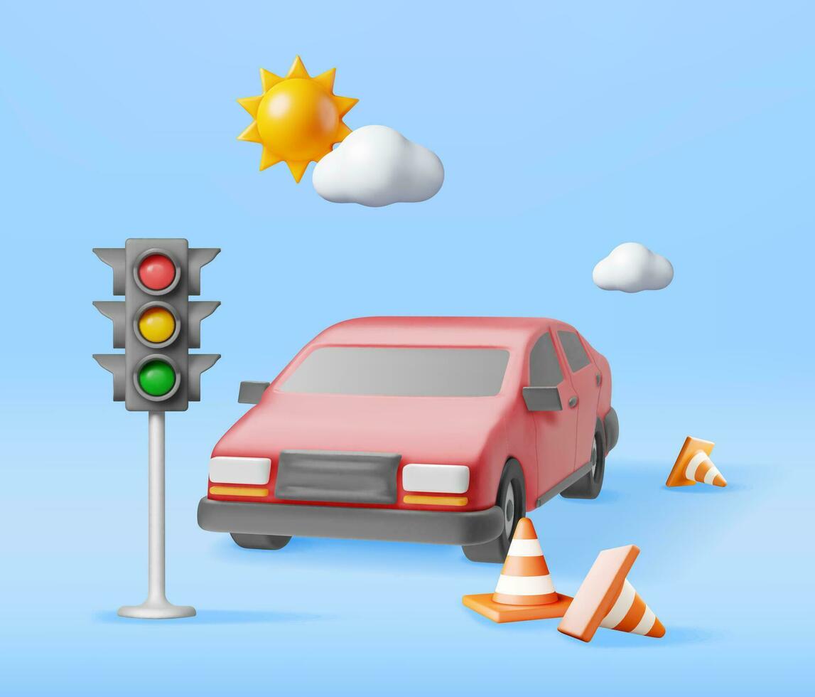 3D Sedan Car with Traffic Cones and Traffic Lights vector