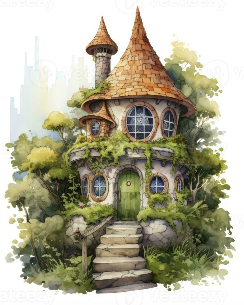 AI generated Watercolor mossy cottage isolated on white background. AI Generated photo