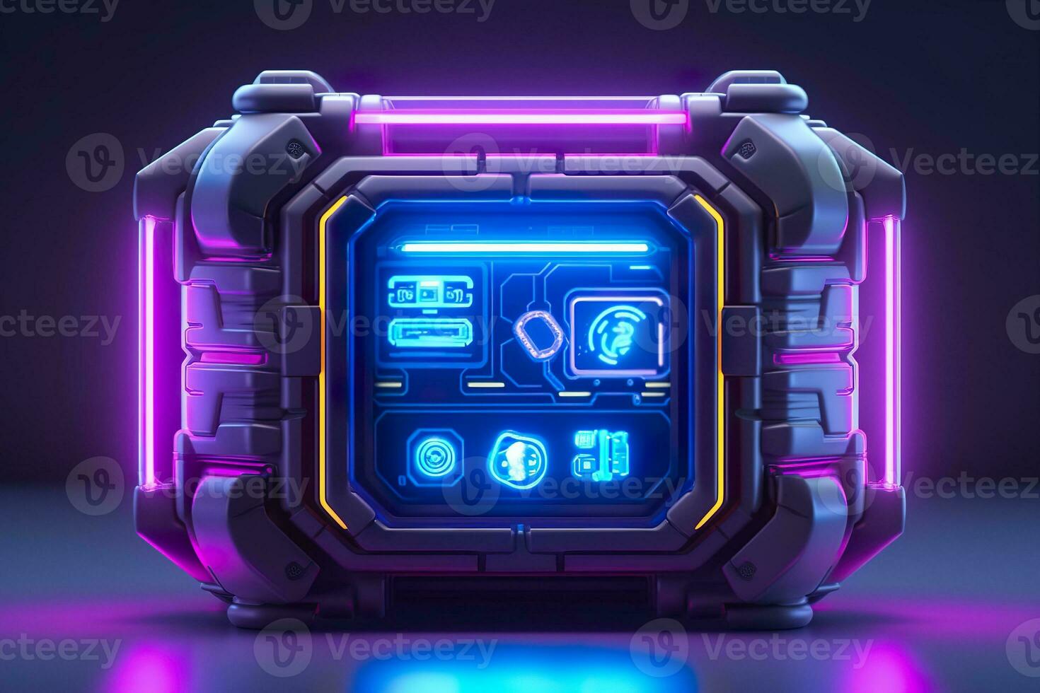 AI generated Modern and Futuristic Neon Digital Gaming Chest in Cartoon Pixar 3D Blender Style. AI Generative photo