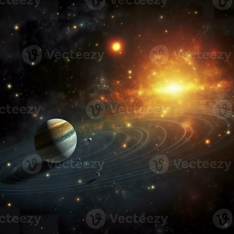 AI generated Our 3d Solar system with planets in orbits path. AI Generative photo