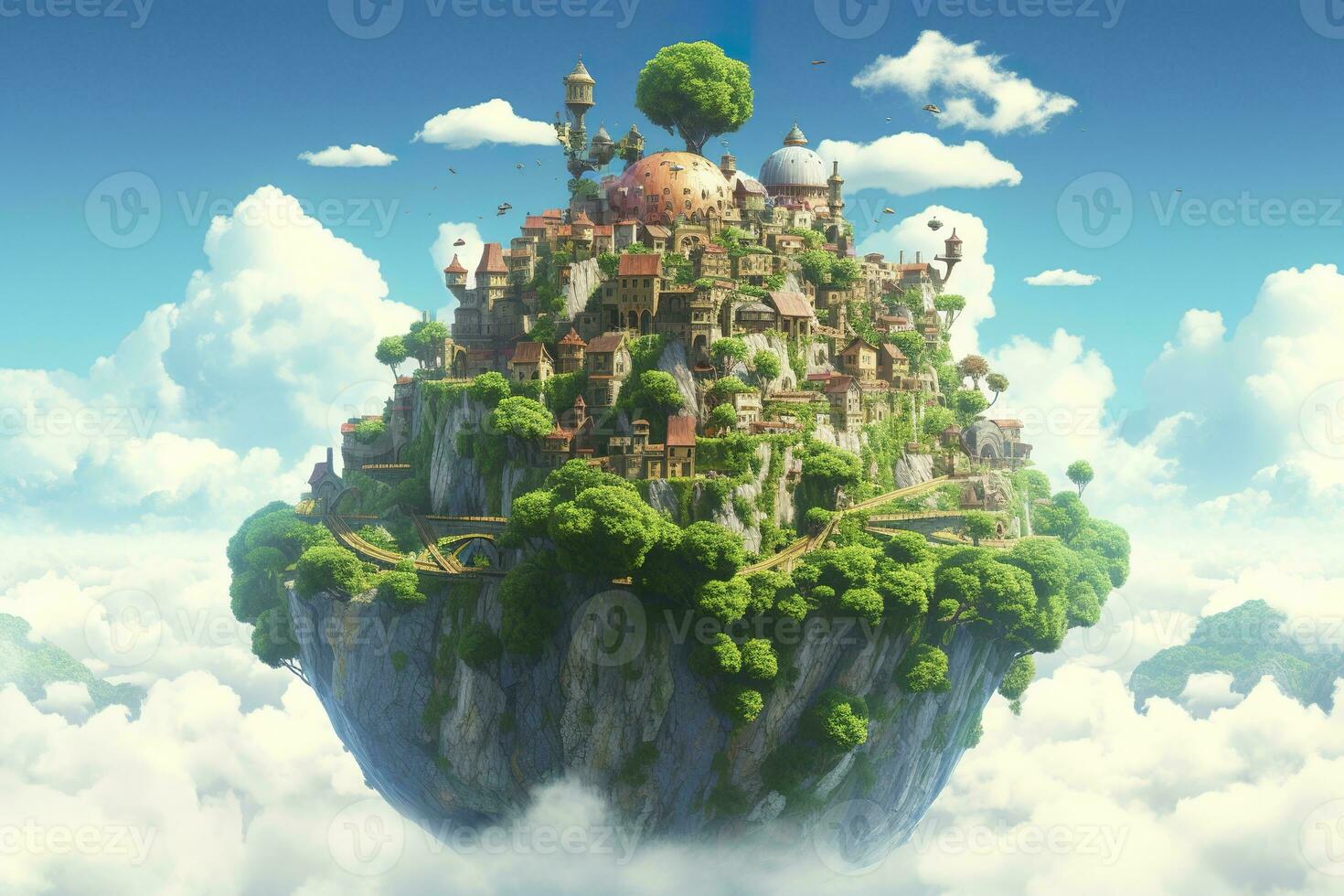 AI generated Ancient Heavenly Floating island in the sky with a castle, vibrant, fantasypunk, AI Generative photo