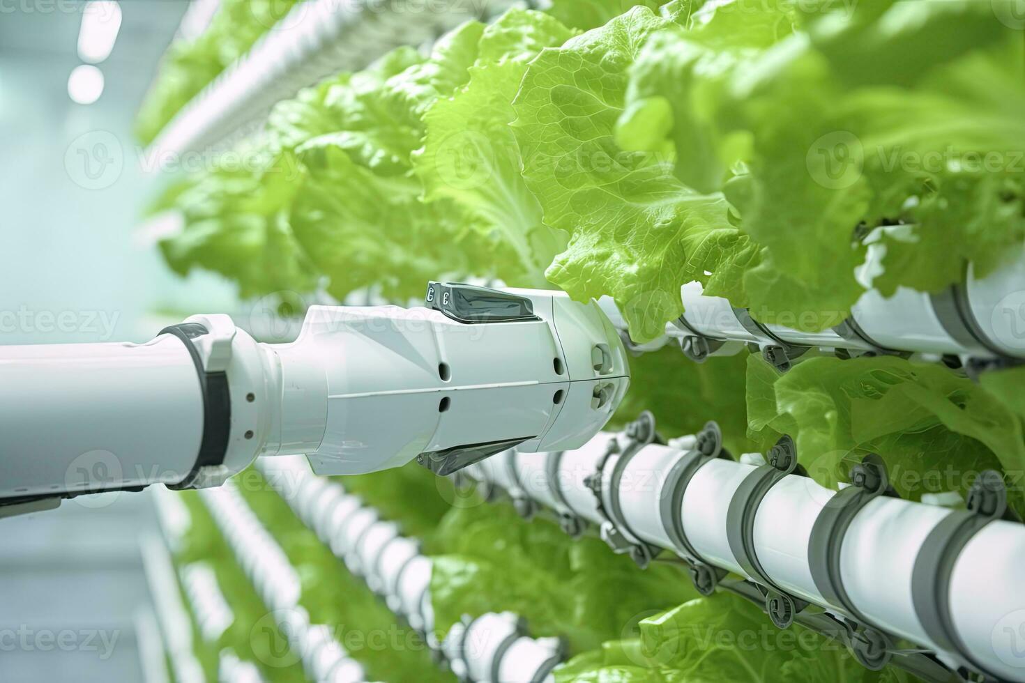 AI generated Automatic Agricultural Technology With Close-up View Of Robotic Arm Harvesting Lettuce In Vertical Hydroponic Plant. AI Generated photo