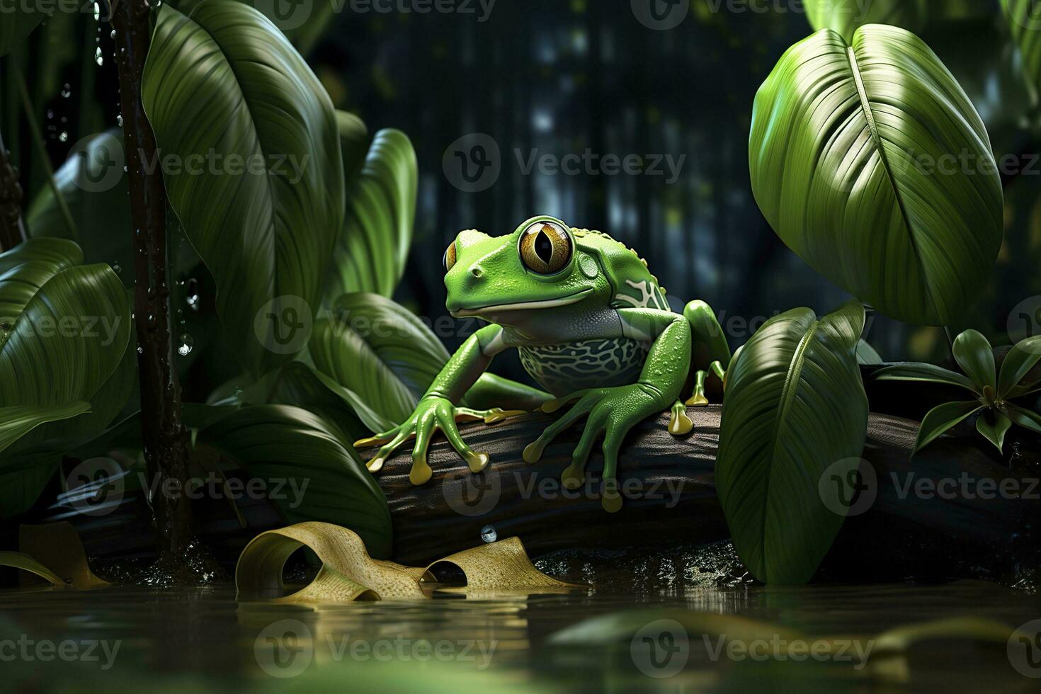 AI generated Tree Frog sitting on plant. AI Generated photo