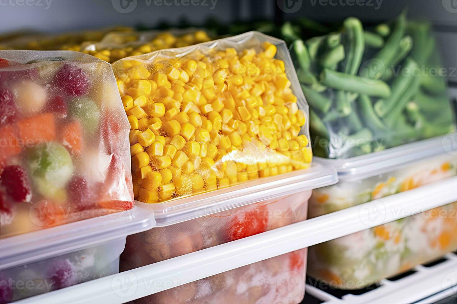 AI generated Frozen food in the freezer. Frozen vegetables. AI Generated photo