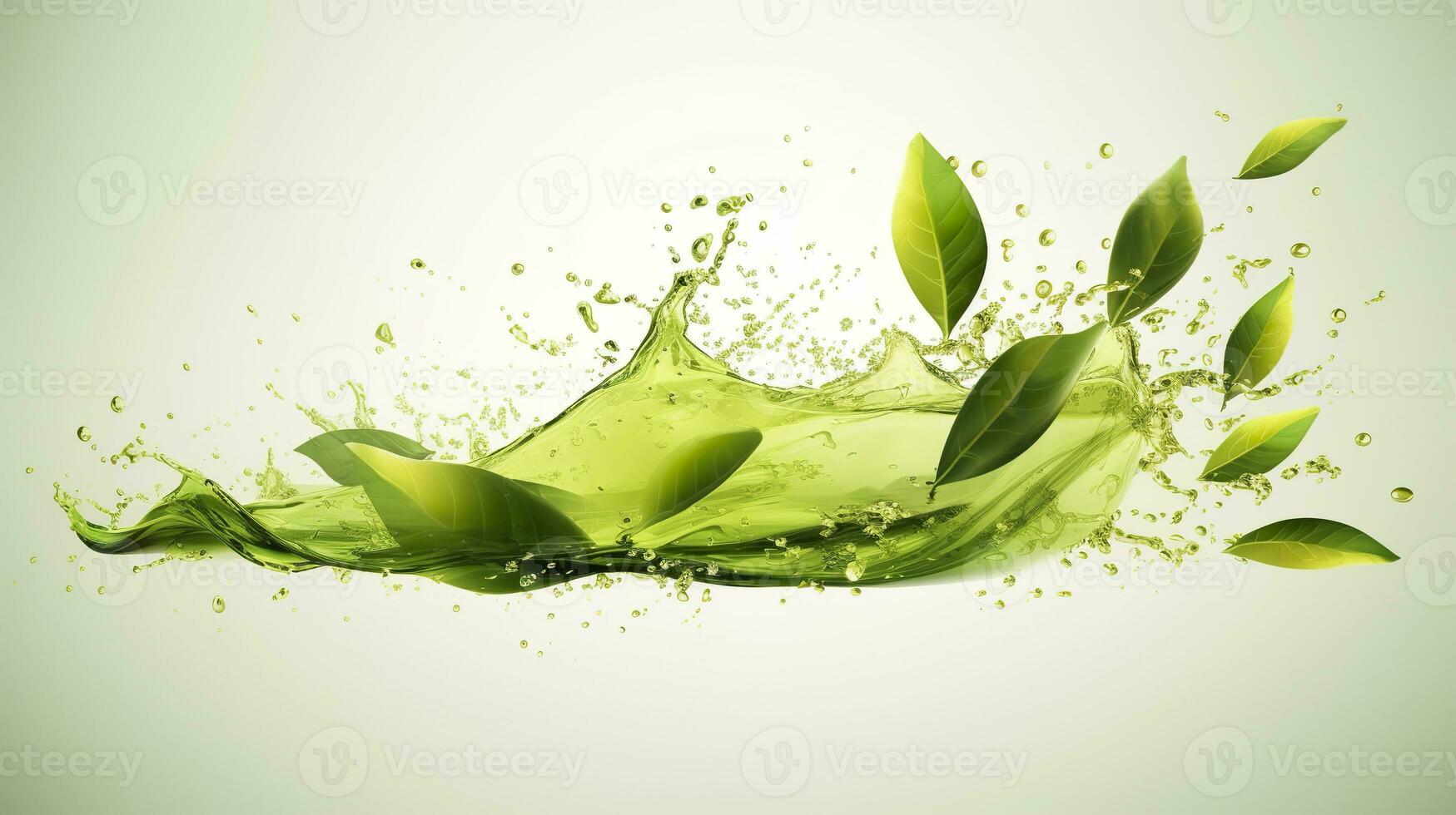 AI generated Green herbal tea wave splash with leaves flow. AI Generated photo