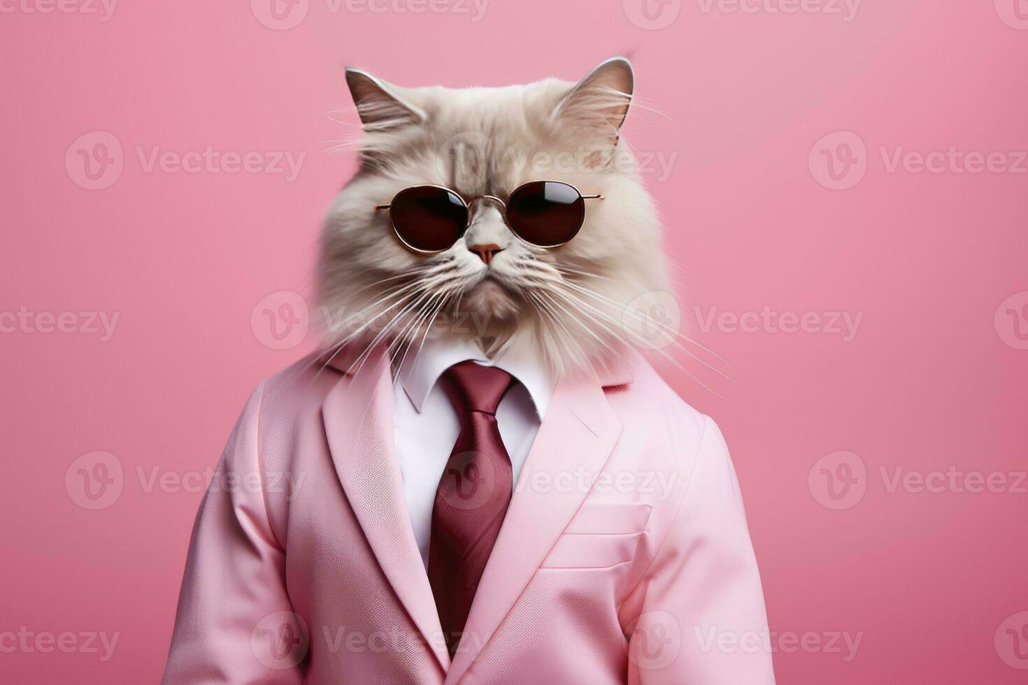 AI generated A cat is wearing sunglasses and suit on Pink Background. AI Generated photo