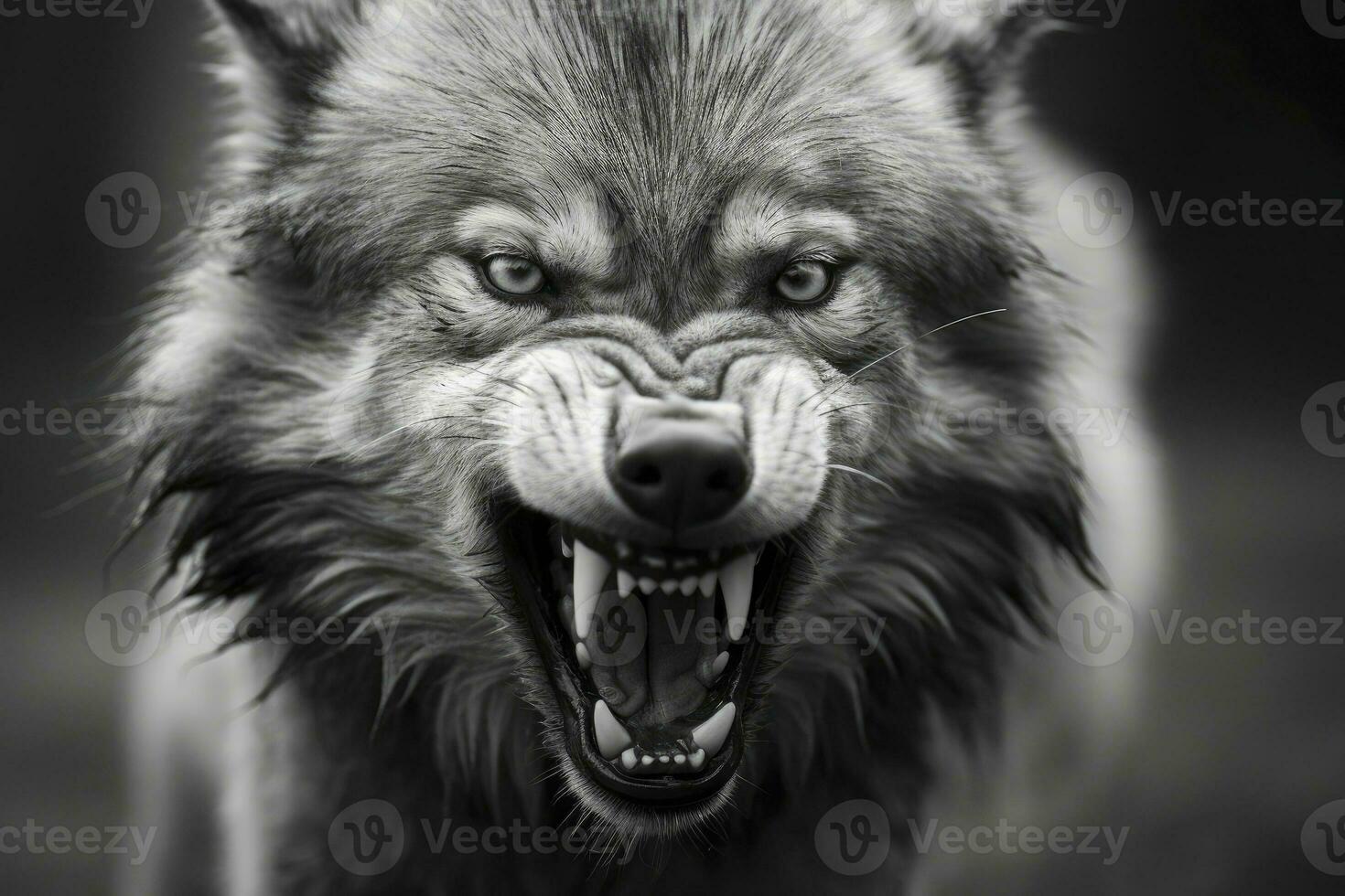 AI generated Greyscale closeup shot of an angry wolf with a blurred background. AI Generated photo