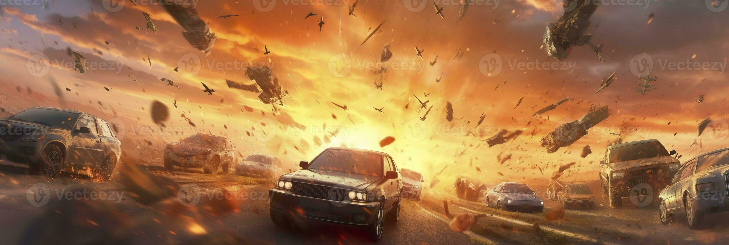 AI generated cars World collapse, doomsday scene, digital painting, digital illustration. AI Generative photo