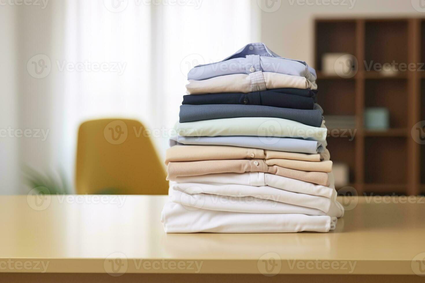 AI generated Stack of clean clothes on table in room. Generative AI photo