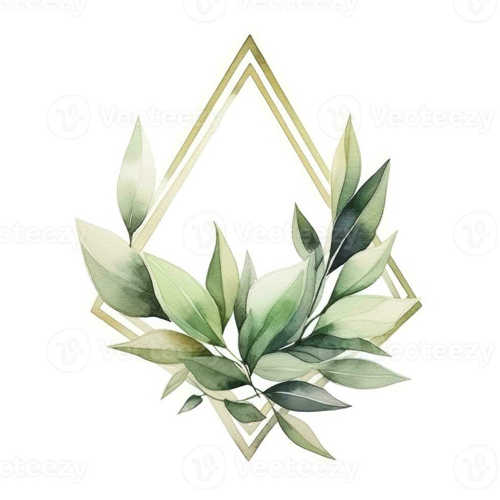 AI generated Watercolor geometry shape wreath with green leaf. AI Generated photo