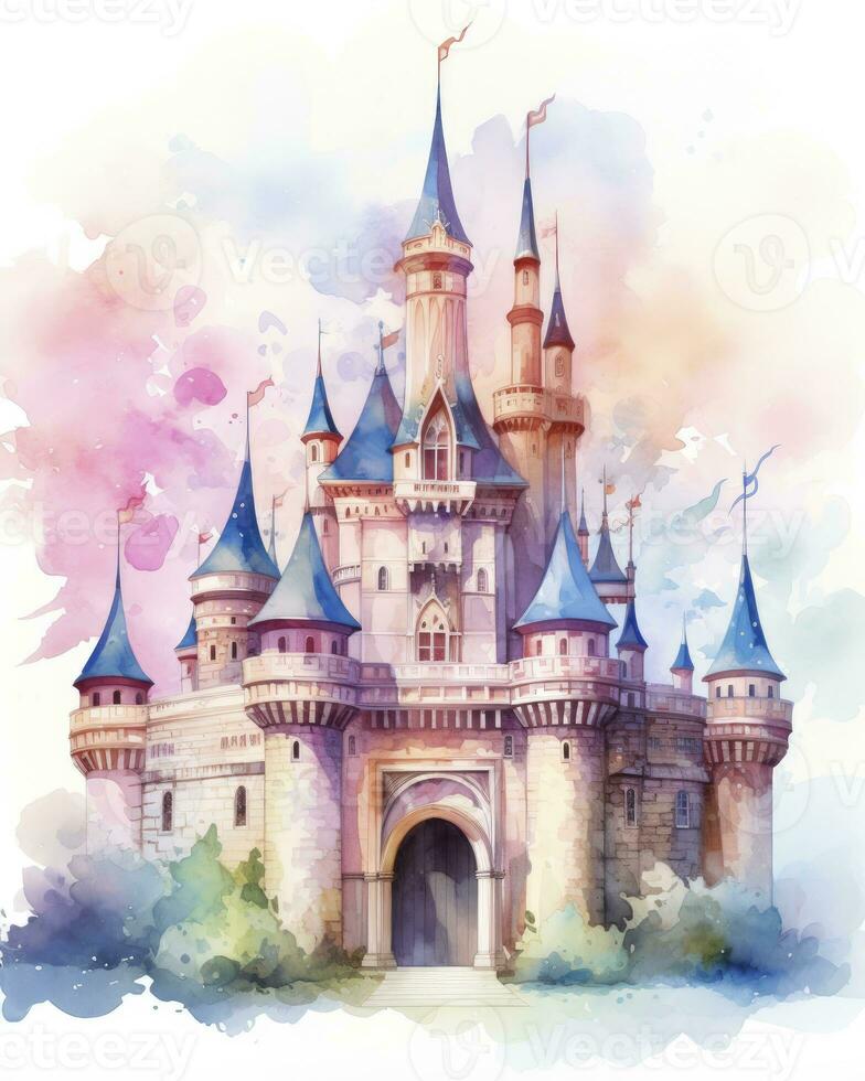 AI generated Colorful watercolor kawaii castle isolated on white background. AI Generated photo