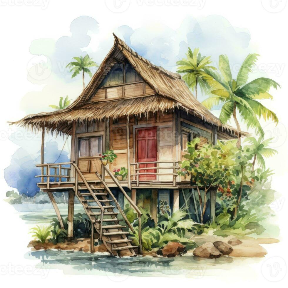AI generated A watercolored bright serene image of a traditional bahay kubo. AI Generated photo