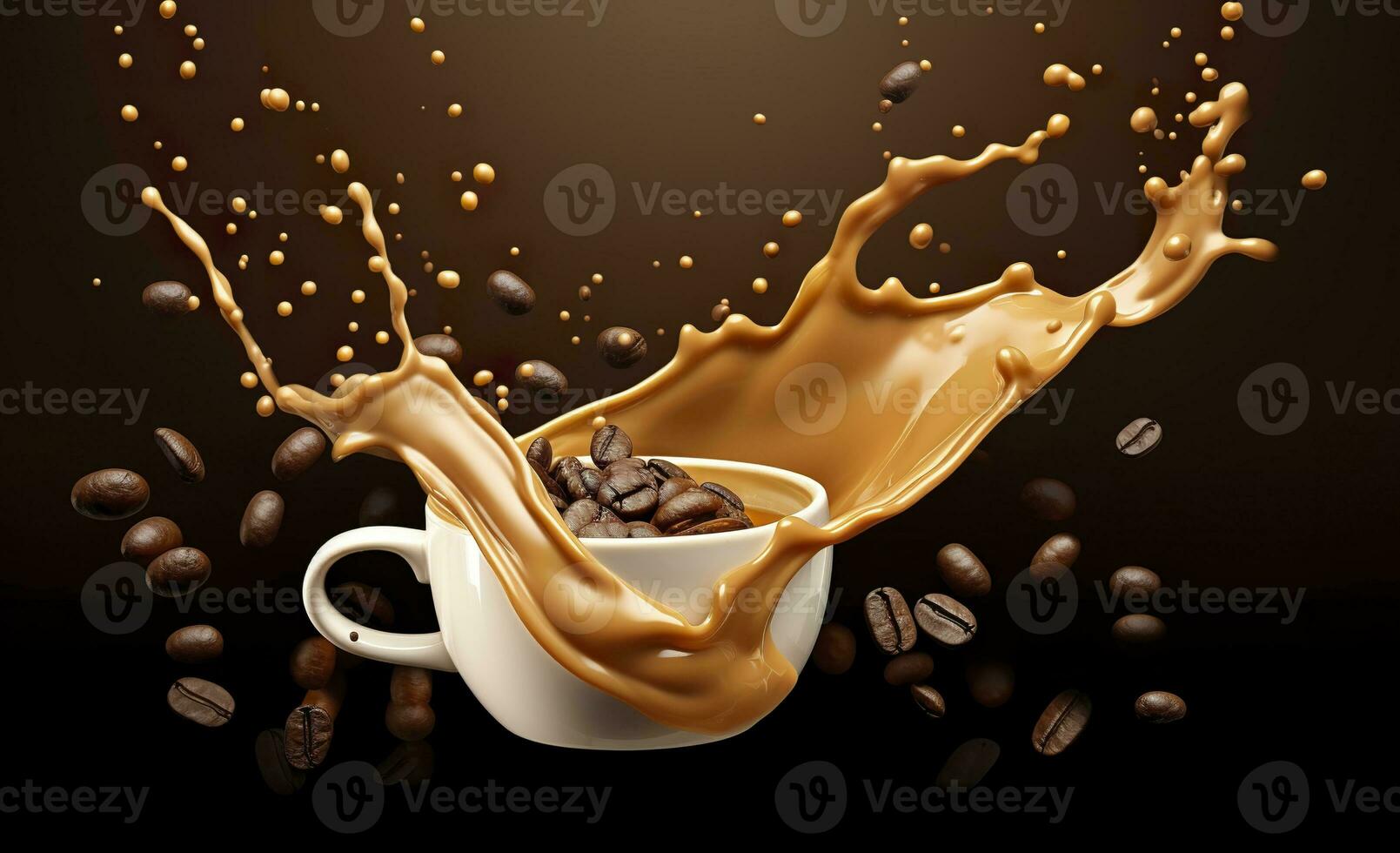 AI generated hot liquid coffee splash with Coffee Bean falling, 3d illustration. AI Generated photo
