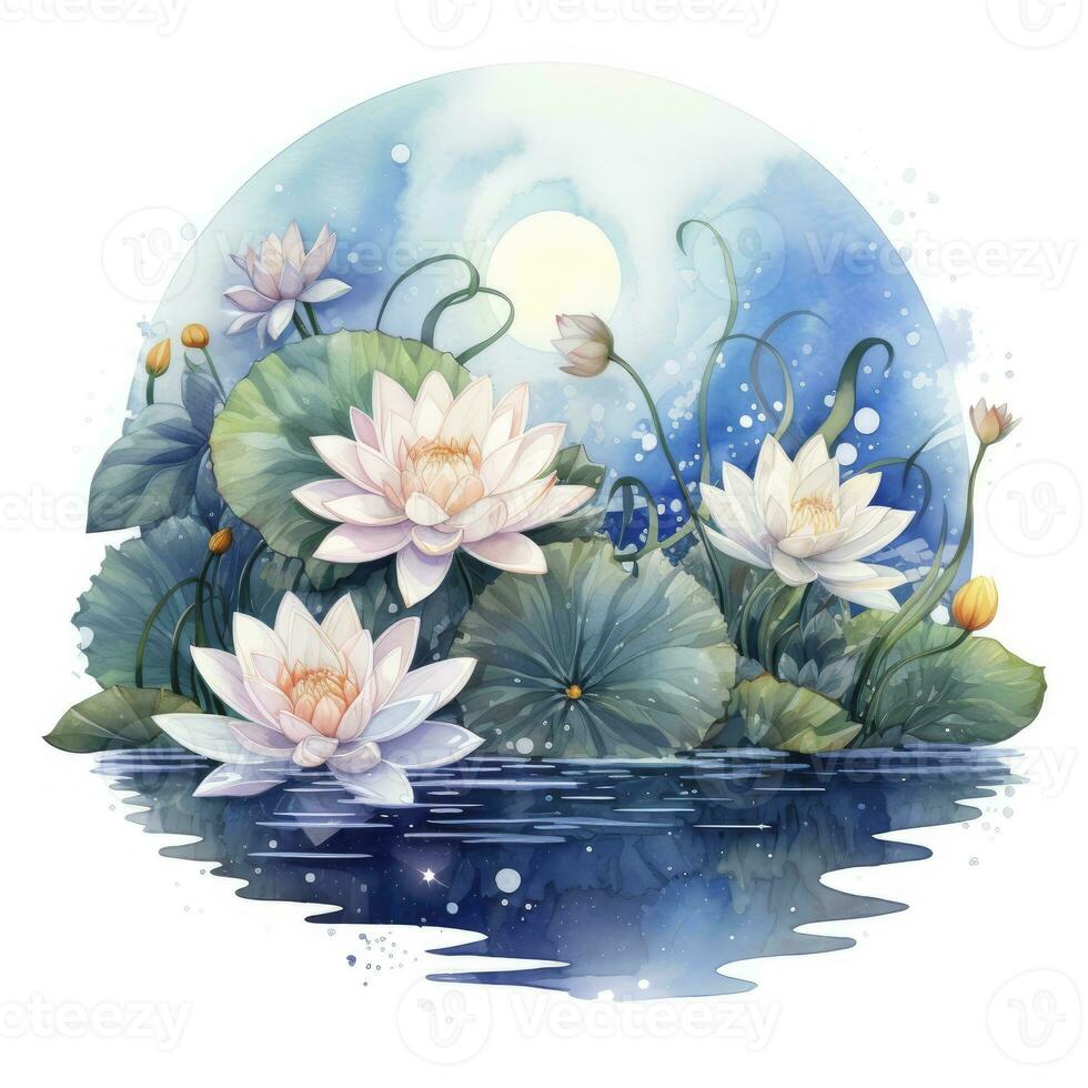 AI generated Floral Moon and Water Lilies on a white background. AI Generated photo