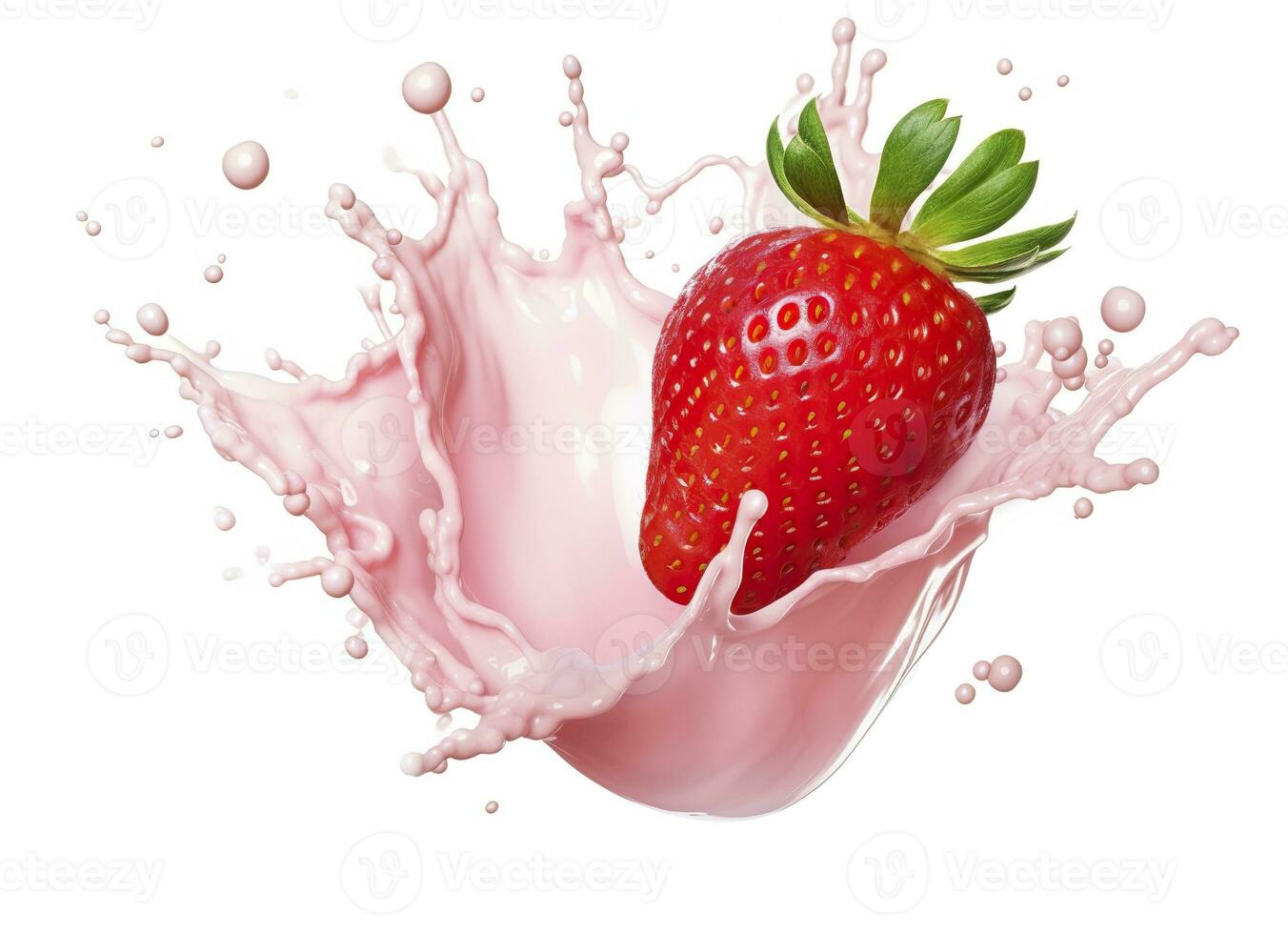 AI generated milk or yogurt splash with strawberries isolated on white background, 3d rendering. AI Generated photo