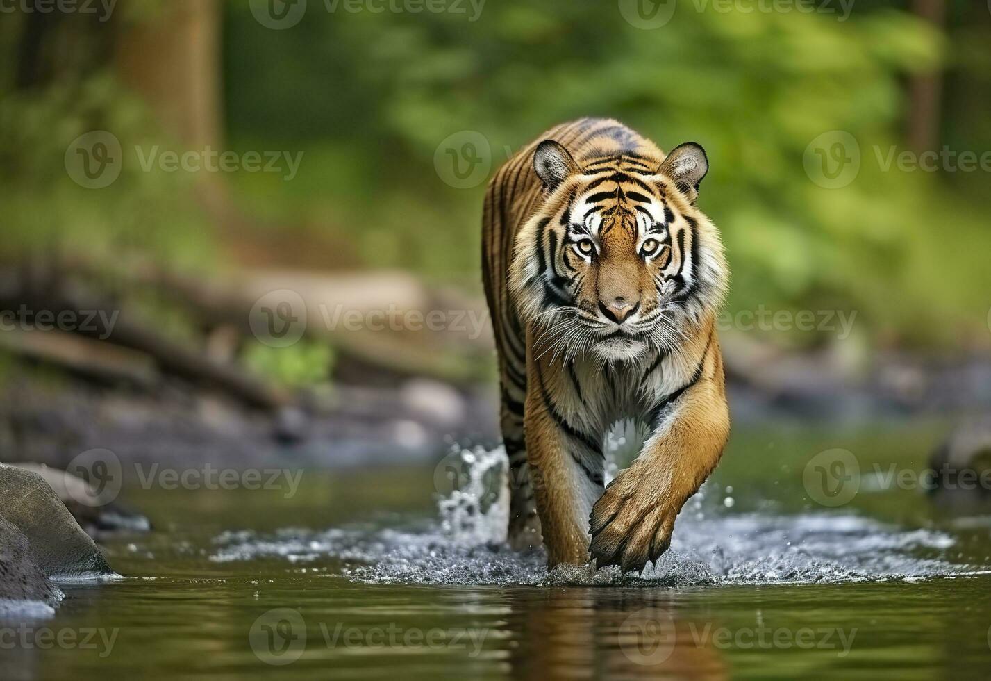 AI generated Amur tiger walking in the water. Dangerous animal.  Animal in a green forest stream. Generative AI photo