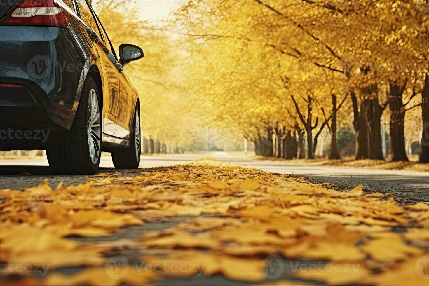 AI generated Car on asphalt road on an autumn day at the park. AI Generated photo